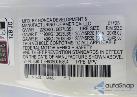2025 Acura Rdx A-Spec Package z USA, uszkodzony, nr VIN 5J8TC2H63SL015894
